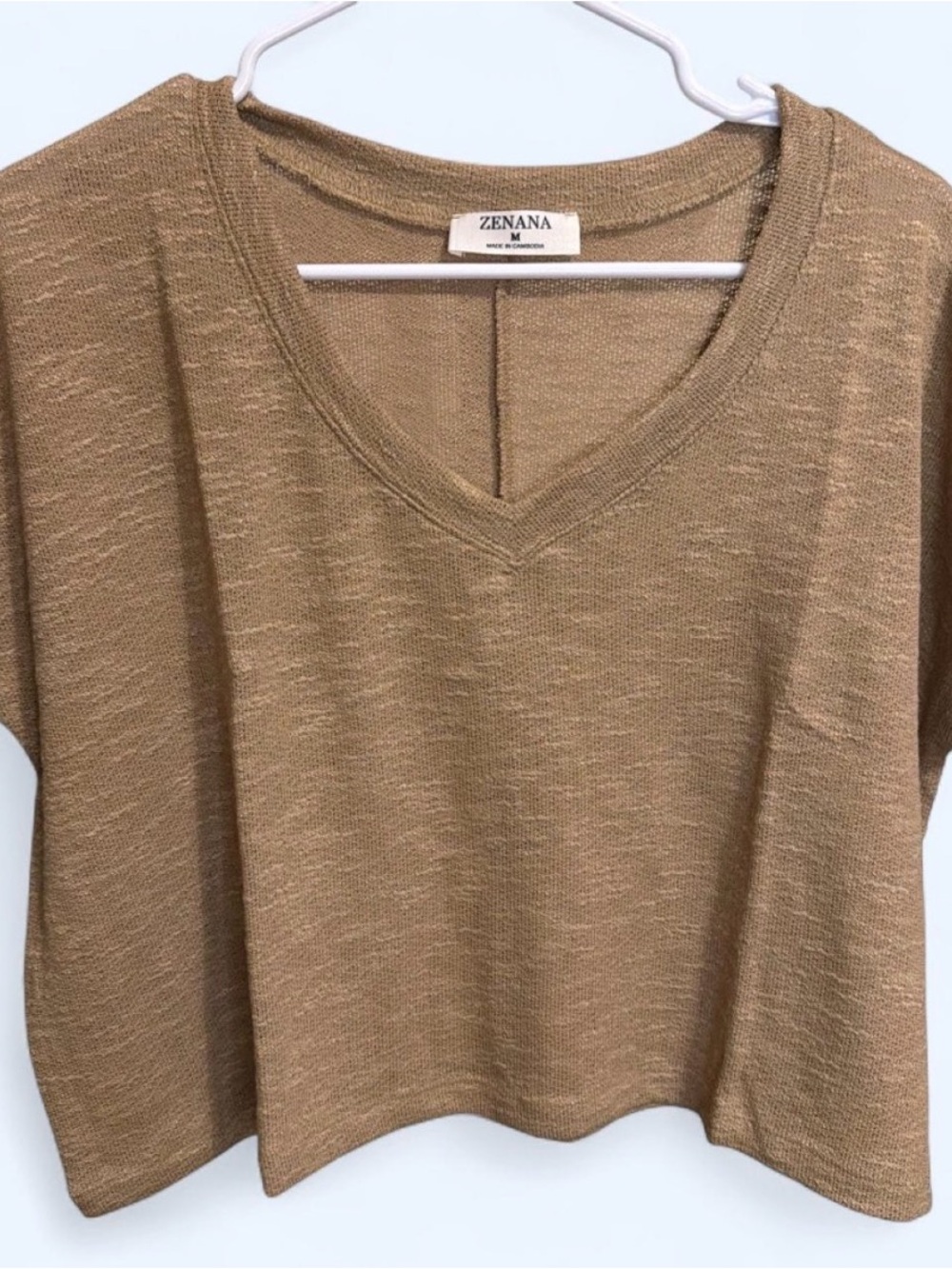 Zenana Outfitters Camel V-Neck Short Sleeve Top